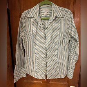 LOFT Green, White and Blue Striped Blouse